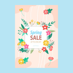 Fototapeta na wymiar Spring sale background with blooming magnolia. Banner template for promotions, advertising, web sites. Vector illustration.