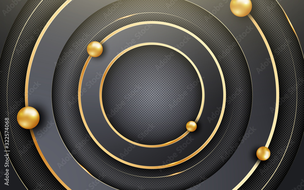 Poster black and gold paper cut background. abstract background with black circles and shimmering glitter p