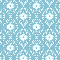 Schilderijen op glas Damask Seamless pattern with flowers, leaves, plants and buds in bright color on fashionable blue background. Can be used for fabrics, wallpapers, backdrops, wrapping and decoration. © Yona