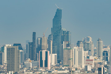 Fototapeta na wymiar Bangkok Business Financial Downtown City and Skyscrapers Tower Building, Cityscape Urban Landmark and Business Finance District Center of Bangkok, Thailand.
