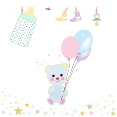 Baby shower greeting card with teddy bear, balloon, bottle, sock and stars greeting card. Baby first birthday, t-shirt, baby shower, baby gender reveal party design element vector