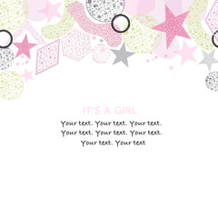 It's a girl. Baby shower greeting card with hexagon, square, stars and dots greeting card. Baby first birthday, t-shirt, baby shower, baby gender reveal party design element vector background