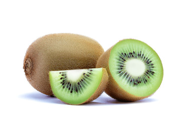 Isolated piece, half and whole of ripe kiwi fruit on white background