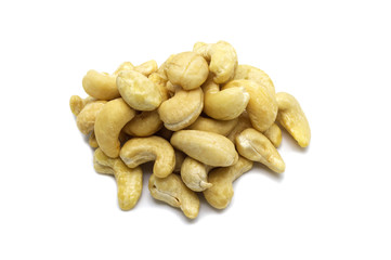Cashews nut salty roasted food ingredient natural isolated on white background.