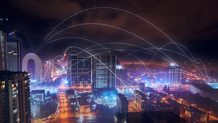 Panorama of the night city digital network connection technology and wide wed iot curve light line...