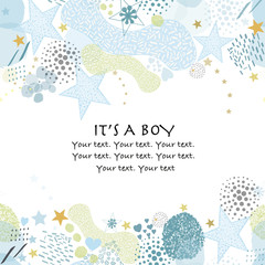 Abstract baby shower background. It's a boy. Baby shower greeting card with hand drawn blue stars, hearts and lines greeting card. Baby first birthday, t-shirt, baby shower, baby gender reveal - obrazy, fototapety, plakaty