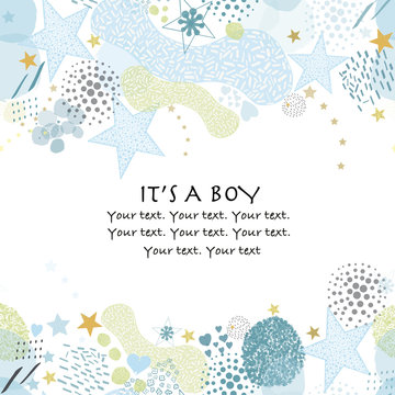 Abstract baby shower background. It's a boy. Baby shower greeting card with hand drawn blue stars, hearts and lines greeting card. Baby first birthday, t-shirt, baby shower, baby gender reveal