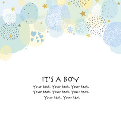 It's a boy. Baby shower greeting card with square, dots and stars greeting card. Baby first birthday, t-shirt, baby shower, baby gender reveal party design element vector - obrazy, fototapety, plakaty