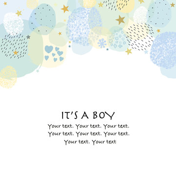 It's a boy. Baby shower greeting card with square, dots and stars greeting card. Baby first birthday, t-shirt, baby shower, baby gender reveal party design element vector