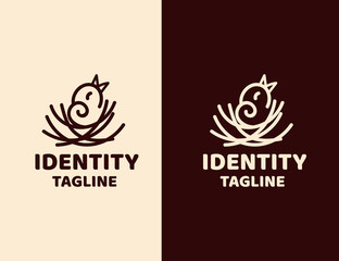 The nest logo with illustration of 2 baby bird on their nest with a green leaf