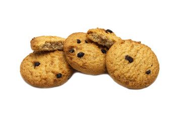 Chocolate chip cookies with cracks isolated on white background. Sweet biscuits delicious and crunchy homemade pastry.