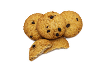 Chocolate chip cookies with cracks isolated on white background. Sweet biscuits delicious and crunchy homemade pastry.