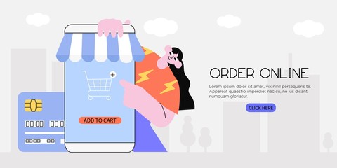 Online Payment concept, Woman character doing purchase or buy online with credit or charge card with application on smartphone. Suitable for web landing page, ui, mobile app, banner template.