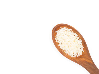 Indian long grain Basmati rice in brown wooden spoon isolated on white. Indian cuisine, ayurveda, naturopathy concept