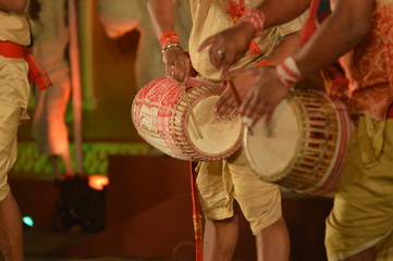 Artist perform with indian music instrument dhol in open stage festival