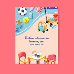 School poster design with cart, chair, desk watercolor illustration.