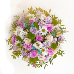 Wedding round bouquet of flovers  on white background. Greeting card concept