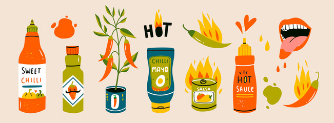 Big set of hot Chilli sauces. Red and green Hot Chili peppers. Various spicy dressings, mayo, salsa. Burning hot. Different bottles. Hand drawn colored vector illustration. All elements are isolated - obrazy, fototapety, plakaty