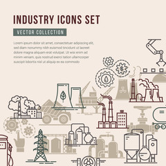 Vector collection with a set of industrial icons in linear and flat style.