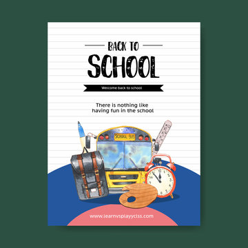 School poster design with school bus, bag, alarm clock watercolor illustration.