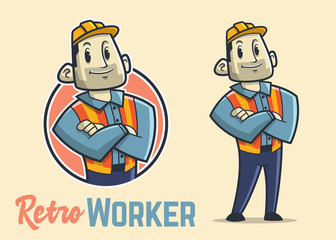 Retro muscular construction worker character, vintage strong builder mascot, confidence and big man