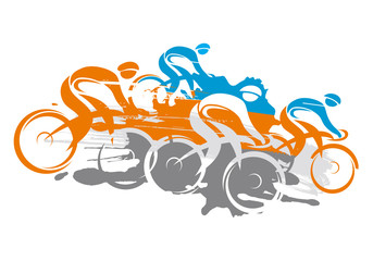   Cyclists at full speed going downhill. Illustration of Four cyclists. Imitation of hand drawing. Isolated on white background. Vector available.