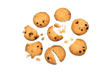 Chocolate chip cookies and crumble cracks isolated on white background. Sweet biscuits delicious and crunchy homemade pastry.