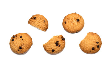 Chocolate chip cookies and cracks isolated on white background. Sweet biscuits delicious and crunchy homemade pastry.