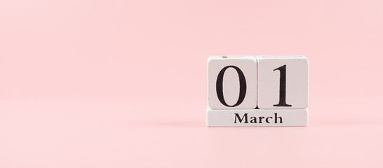 1st March Calendar on pink background with copy space for text. Love, Equal and International Women day concept