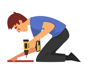 Man Assembling and Installing New Furniture, Male Worker Drilling Screw in Wooden Board, Manual Furniture Assembly Vector Illustration