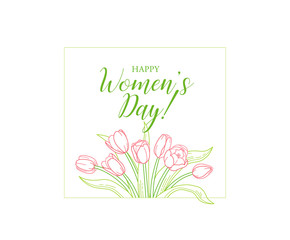 8 March Women Day vector greeting card. Tulips, spring flowers. Tulip flower