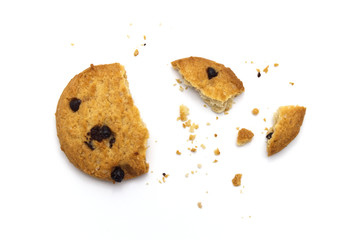 Chocolate chip cookies and crumble cracks on white background. Sweet biscuits delicious and crunchy...