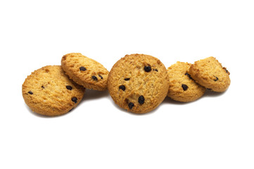 Chocolate chip cookies isolated on white background. Pile of sweet biscuits delicious and crunchy homemade pastry.
