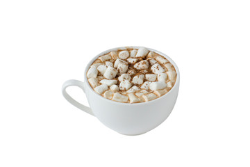 White cup with hot cocoa with marshmallows isolated on white background.