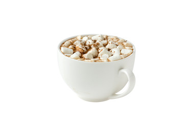White cup with hot cocoa with marshmallows isolated on white background.