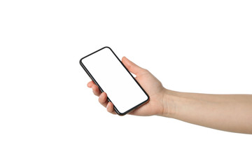Female hand holding phone with empty screen, isolated on white background
