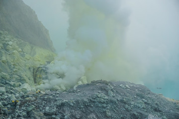 Sulfur mining from the crater of Ijen volcano