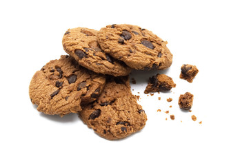 Chocolate chip cookies with some broken and crumbs on white background.