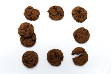 Fototapeta na wymiar Chocolate chip cookies on white background in Top view and copy space.