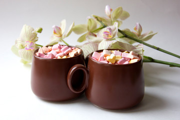 Brown cups of hot cocoa with marshmallows in heart shape on white background.