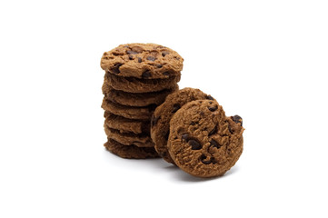 Chocolate chip cookies pile isolate on white background.