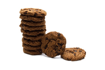 Chocolate chip cookies pile isolate on white background.