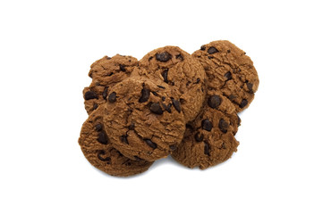 Chocolate chip cookies pile isolate on white background.