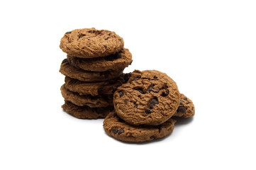 Chocolate chip cookies pile on white background.