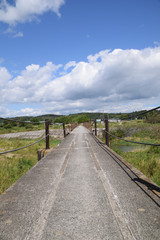 Fototapeta premium Small bridge over the river. Straight way.