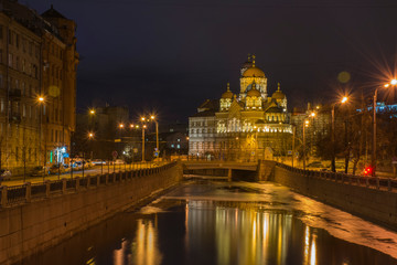 Fototapeta na wymiar Ioannovsky Monastery on the Karpovka River embankment, St. Petersburg, Russia