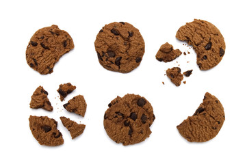 Chocolate chip cookies and crumbs on white background and Top view.