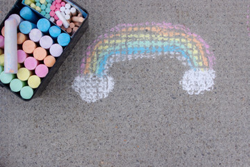 rainbow colored don sidewalk with chalk with copy space