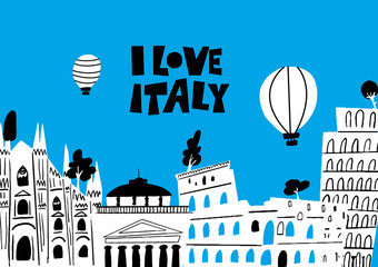 Vector illustration of famous italian architecture and attractions I love Italy. Horizontal greeting card.