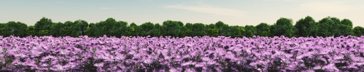 panorama of pink flowers on a background of green trees, flowering meadow under a blue sky, 3D rendering